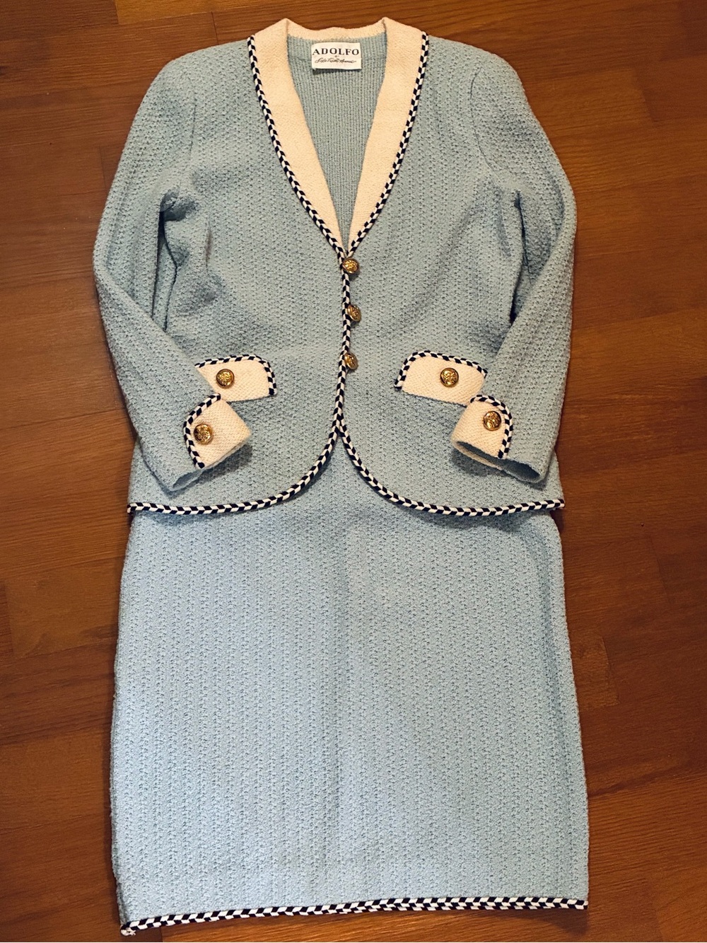 Vintage Adolfo 100% wool suit in Light Blue